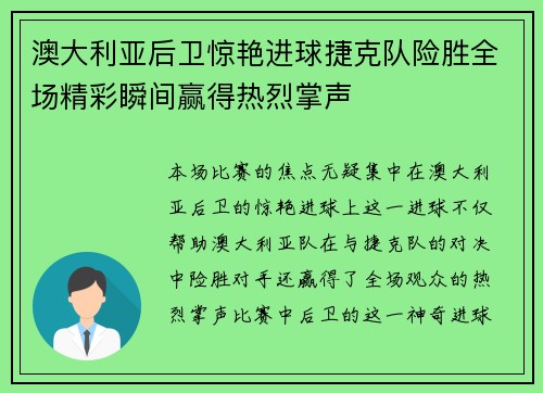 澳大利亚后卫惊艳进球捷克队险胜全场精彩瞬间赢得热烈掌声