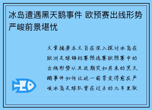 冰岛遭遇黑天鹅事件 欧预赛出线形势严峻前景堪忧