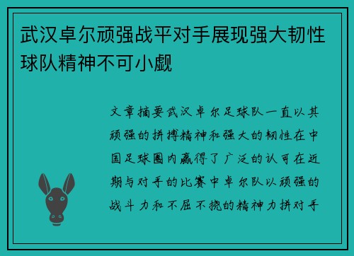 武汉卓尔顽强战平对手展现强大韧性球队精神不可小觑